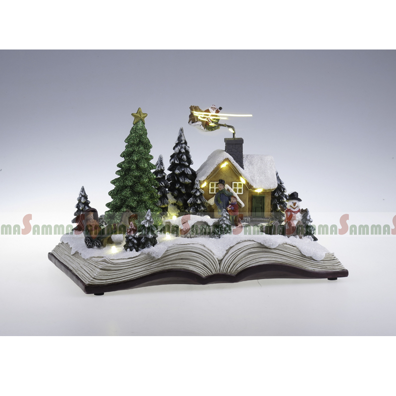 Open Book Xmas σκηνή, στροφή δέντρο και Santa έλκηθρο, LED Lit