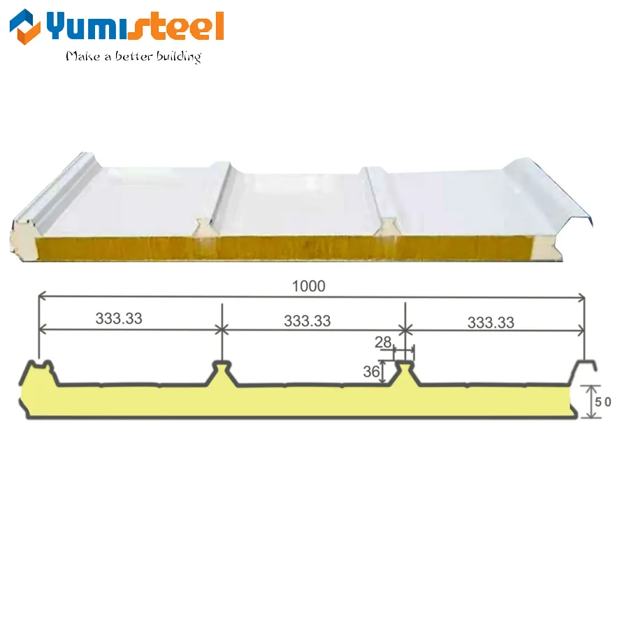50mm 4-Ribs Πολυλειτουργικές πάνελ σάντουιτς οροφής για ηλιακές φωτοβολταϊκές λύσεις